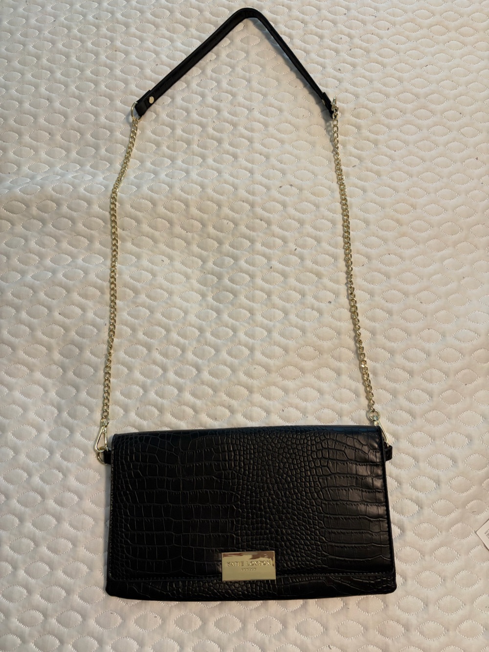 Black Croc-Embossed Crossbody with Gold Chain